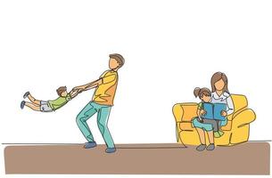 Single continuous line drawing of young father playing with son while mother sitting on sofa and reading book to daughter. Happy family parenting concept. One line draw design vector illustration