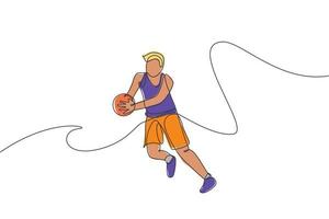 un dibujo de una sola línea de un joven jugador de baloncesto enérgico atrapa la ilustración del vector de la pelota. concepto de competición deportiva. diseño moderno de dibujo de línea continua para el cartel del torneo de baloncesto