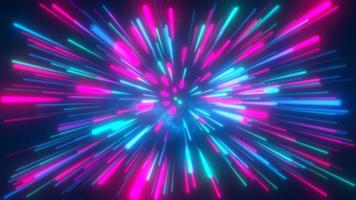 Abstract tunnel of multicolored blue purple glowing bright neon laser energy beams lines abstract background. Video 4k
