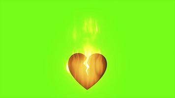 abstrakt feurig Verbrennung im ein Flamme liebend Herz gebrochen von Liebe mit ein Riss auf ein Grün Chrom Schlüssel Hintergrund. Video 4k, Bewegung Design