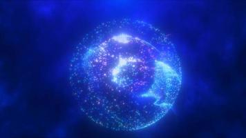 Abstract round blue and purple sphere made of flying particles glowing energy scientific futuristic atom molecule hi-tech background. Video 4k, motion design