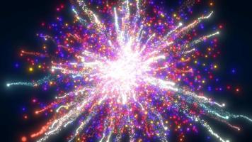 Abstract glowing energy explosion colorful swirl fireworks from lines and magic particles abstract background. Video 4k