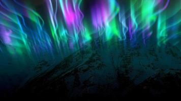 The abstract background of the multi -colored northern lights and mountains in the north, a bright iridescent realistic light light in the sky. Video 4K, 60 FPS