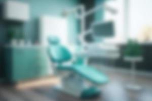 Blurred background, dentist's office with dental chair and equipment. Business medical concept. photo