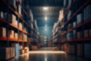 Blurred background of a large warehouse with equipment. Business background photo