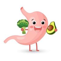 Strong healthy happy stomach with broccoli and avocado. Flat cartoon illustration icon design. Digestive tract, healthy eating, stomach concept.