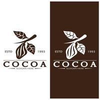 cocoa logo,cocoa bean,cocoa tree,cocoa branches and leaves,chocolate mix on white background,vintage,modern,simple,minimalist icon illustration template design vector