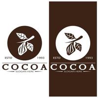 cocoa logo,cocoa bean,cocoa tree,cocoa branches and leaves,chocolate mix on white background,vintage,modern,simple,minimalist icon illustration template design vector