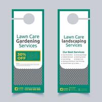 lawn care and gardening, lawn trimming, door hanger design template, Or lawn mower and landscaping door hanger template vector layout