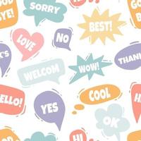 Multicolored set of speech bubbles. Various forms of windows, clouds for chat, messages with phrases. Vector seamless pattern on white background