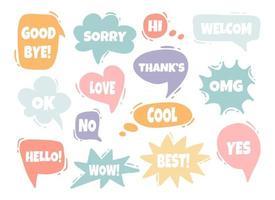 Multicolored set of speech bubbles. Various forms of windows, clouds for chat, messages with phrases. Vector elements for text on a white background