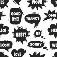 Black set of speech bubbles. Various forms of windows, clouds for chat, messages with phrases. Vector seamless pattern on white background