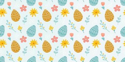 Easter seamless pattern with eggs, flowers and plants on blue background. Vector flat illustration