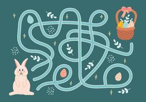 Labyrinth, help rabbit find way to basket with Easter eggs. Logical quest for children. Cute illustration for childrens books, educational game vector