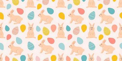 Easter bunnies, multicolored eggs, vector seamless pattern