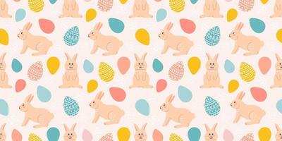 Easter bunnies, multicolored eggs, vector seamless pattern