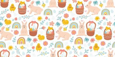 Cute Easter seamless pattern, bunnies, egg baskets, flowers and chickens. Ideal for paper and textile products vector