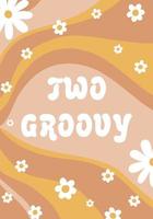 Two groovy Baby card. Retro 70s greeting, Retro birthday invitation. 70s party poster, peace symbol, daisy groovy smiling flower. Retro 80s greeting poster. Baby shower template. Vector illustration.