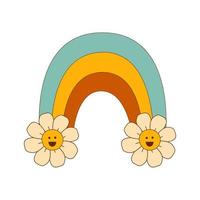 Retro groovy rainbow with flower graphic element isolated vector design. Retro 70s decorative rainbow illustration. Seventies hippie symbol. Vintage retro floral rainbow symbol. Groove mood.