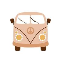 Retro 70s bus. Groovy bus. Hippie vintage car a mini van. Pastel hand drawn bus with flowers power isolated graphic element. Funky seventies vector illustration. Retro caravan. Cartoon bohemian car.