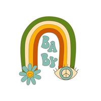 Groovy Baby Retro groovy rainbow with flower, eye, hippie peace isolated element. Retro 70s vector design. Baby shower decorative illustration. Seventies hippie symbol. Vintage retro floral rainbow.