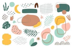 Set of tropical abstract shapes and circles. Hand drawing various shapes, leaves, spots, drops, dots. Cute jungle backround collection. Vector illustration. Plants, vase, frames decorative elements.