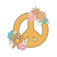 Retro peace symbol. Groovy decorative element isolated on white. Cute floral peace symbol in retro 70s style. Vintage groovy vector element. Print with hand drawn flowers.