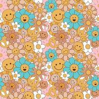 Groovy flowers pattern. Retro seventies floral seamless pattern with smiling face flowers. Pastel vintage groovy daisy flowers. Retro floral background surface design hippie print Vector illustration.