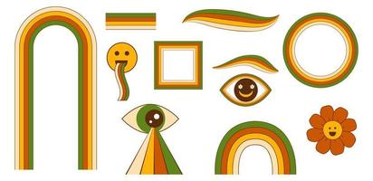 Groovy clipart. Retro 70s element set. Hipster retro cool psychedelic design elements. Vintage groovy brush, rainbow, eye, groovy flower, geometric shapes. Abstract cartoon vector illustration.