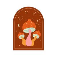 Retro 70s psychedelic hippie mushroom. Magic celestial mushroom. Psychedelic abstract mushrooms, stars, moon. Vintage graphic print. Vector illustration. Hand drawn 70s retro design poster.