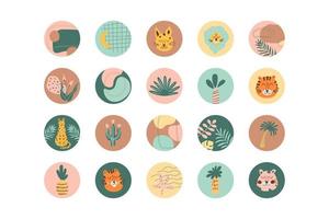 Tropical highlight icon set for social net profile. Abstract shapes, leaves, animal, leopard, exotic leaves. Botanical jungle design in circle. Summer story highlights template. Vector illustration.