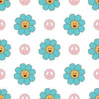Groovy flowers pattern. Retro seventies floral seamless pattern with smiley flowers peace symbol. Pastel vintage groovy daisy flowers. Retro floral power background surface design Vector illustration.