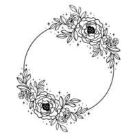 Monochrome black and white floral frame with peonies. Line art flower wreath. Hand drawn botanical summer flower peony in sketch. Decorative botany vector illustration isolated element