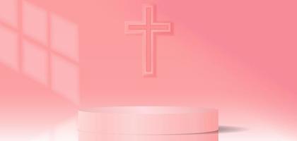 churches background with pink, crucifix pink realistic cylinder stand podium. Vector geometric form. Pastel minimal wall scene.