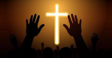 People raise their hands in front of the cross to pray. Many people worship God. vector