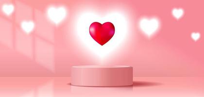 3D valentine day background with pink, coral red realistic cylinder stand podium. Heart shape backdrop. Mockup product display. Pastel minimal wall scene. Stage showcase. vector