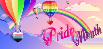 Happy pride month horizontal banner with heart and pride color flag isolated on pink background. Pride month or pride day poster, flyer, invitation party card design template vector