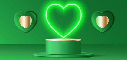 A green room with a green stand podium in front of a green heart shape neon and heart shape Valentines day minimal scene for product display presentation. vector