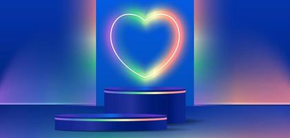 Abstract dark blue cylinder pedestal podium. Sci-fi abstract room concept, heart shape neon and heart shape Valentines day minimal scene for product display presentation. vector