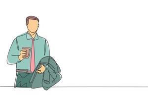 Single continuous line drawing of young businessman thinking about business ideas while holding a cup paper of coffee drink. Drinking tea concept one line draw design vector graphic illustration