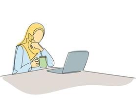 One continuous line drawing of young muslimah office worker take a break while drink a cup of coffee. Saudi Arabian female with hijab and veil concept. One line draw design illustration vector