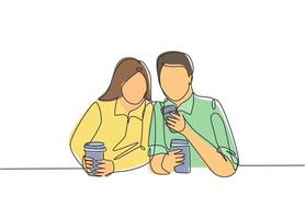 One continuous line drawing of young happy male and female couple lunch together while watching funny video on smartphone at coffee shop. Romantic concept. Single line draw design illustration vector