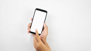 hands holding and show smartphone in white screen photo