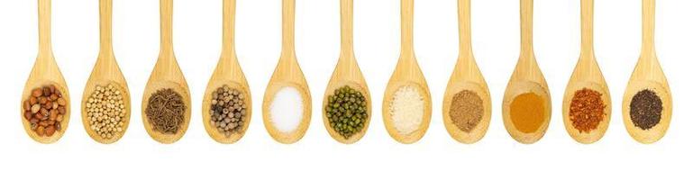 Set of herb and spices in wooden spoons photo