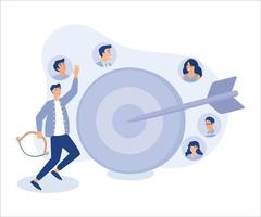 Target audience for advertising, people focus group research concept, businessman shooting bow on people target bulls eye. Flat vector modern illustration.