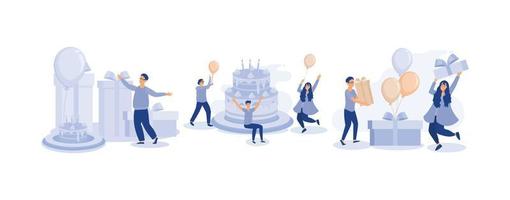 Birthday celebration scenes. People celebrating near birthday cake, holding balloons, preparing gift boxes. Happy birthday concept.set flat vector modern illustration