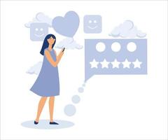 Customer feedback from mobile application, online survey concept, satisfied woman holding mobile giving 5 stars rating feedback. Flat vector modern illustration