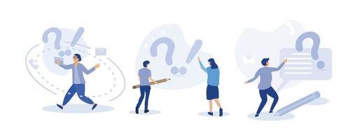 People characters standing near exclamation and question marks. Woman and man ask questions and receive answers. Frequently asked questions concept. set flat vector modern illustration