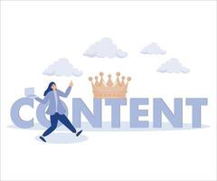 Content is king, happy woman writer with laptop on the word content wearing king crown. Flat vector modern illustration