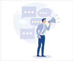 Communication or PR, announce sales or promotion concept, businessman holding speech bubble while talking on megaphone. Flat vector modern illustration